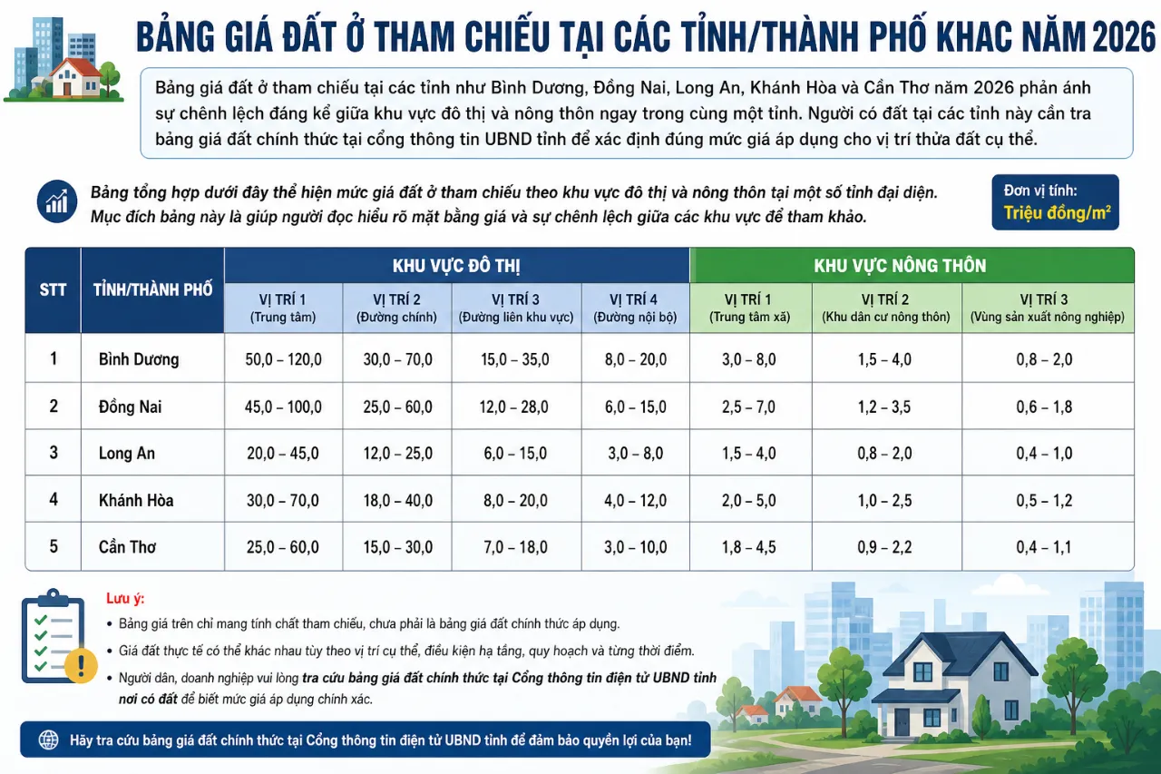 Bảng giá đất ở tham chiếu tại các tỉnh/thành phố khác năm 2026