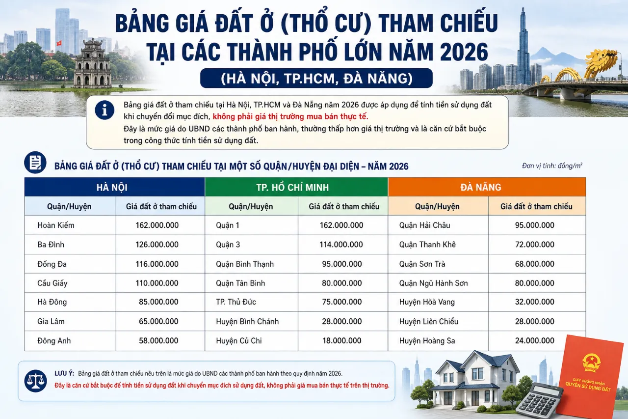 Bảng giá đất ở (thổ cư) tham chiếu tại các thành phố lớn năm 2026 (Hà Nội, TP.HCM, Đà Nẵng)