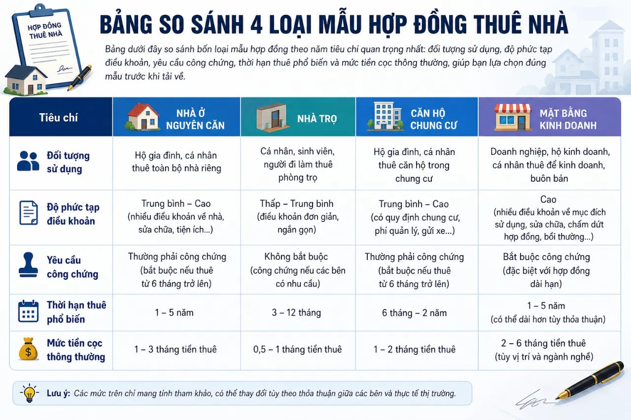 Bảng So Sánh 4 Loại Mẫu Hợp Đồng Thuê Nhà