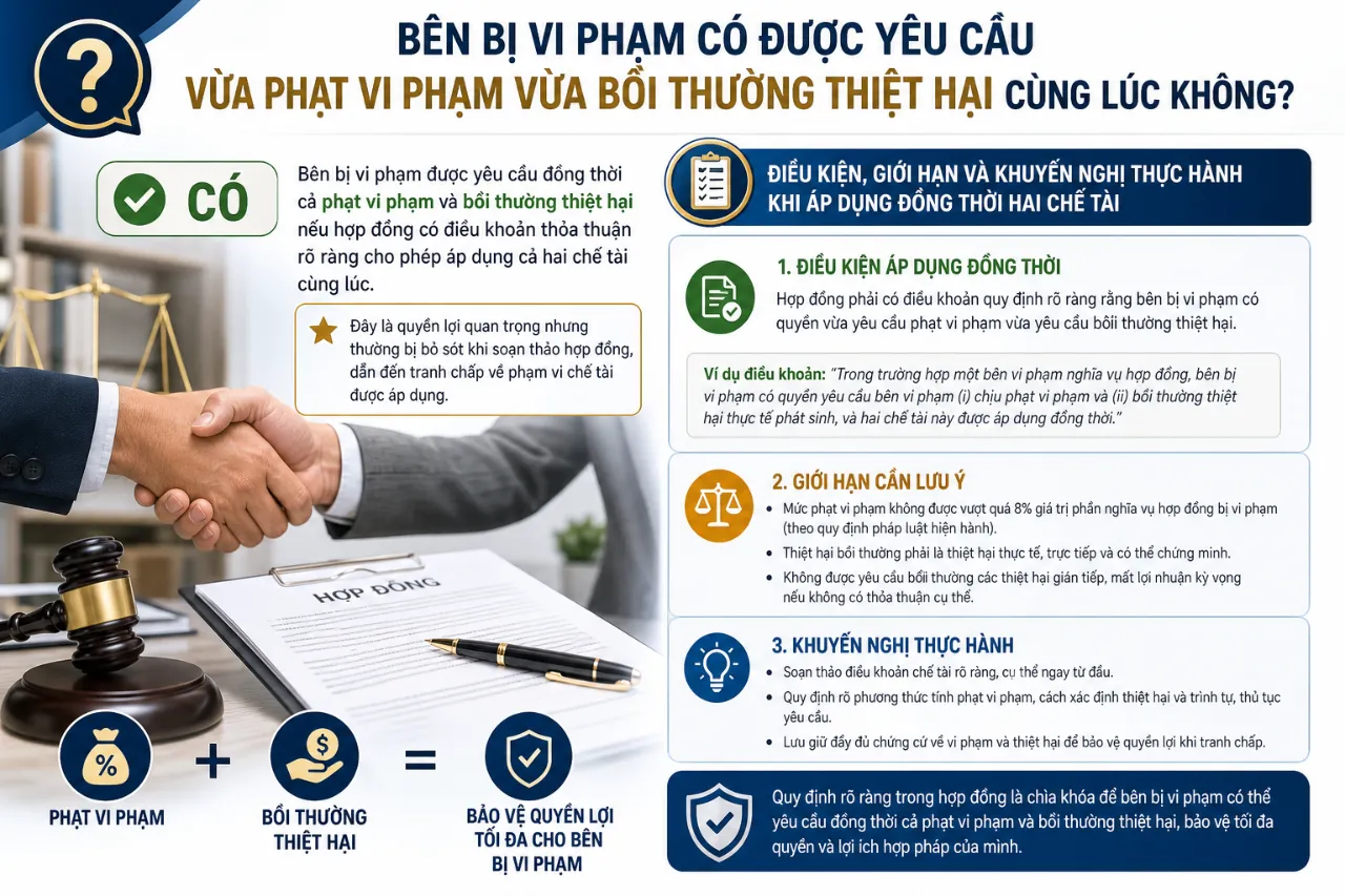 Bên bị vi phạm có được yêu cầu vừa phạt vi phạm vừa bồi thường thiệt hại cùng lúc không?