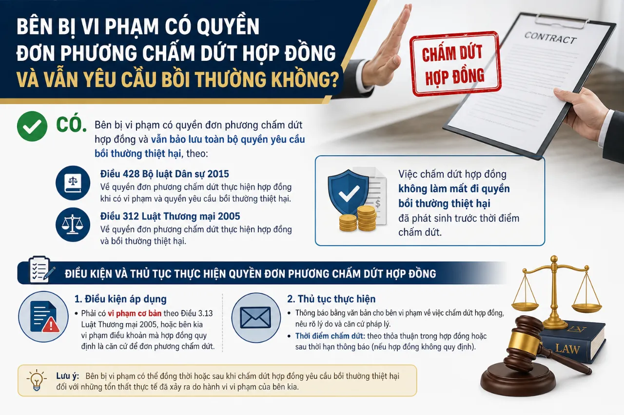 Bên bị vi phạm có quyền đơn phương chấm dứt hợp đồng và vẫn yêu cầu bồi thường không?