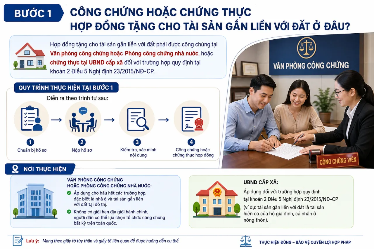 Bước 1: Công chứng hoặc chứng thực hợp đồng tặng cho tài sản gắn liền với đất ở đâu?