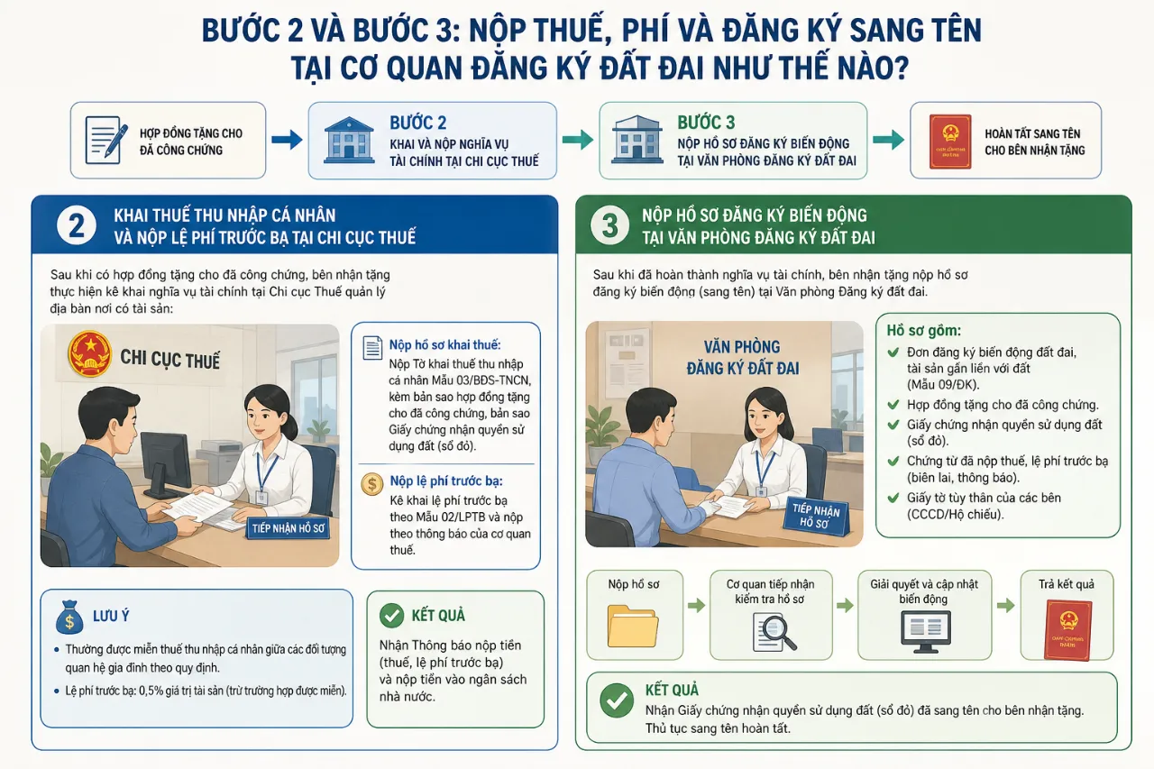Bước 2 và Bước 3: Nộp thuế, phí và đăng ký sang tên tại cơ quan đăng ký đất đai như thế nào?