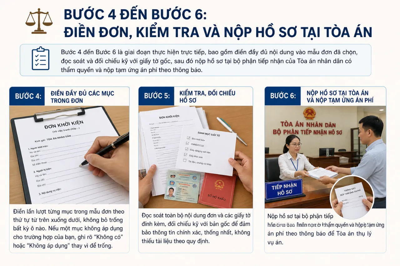 Bước 4 Đến Bước 6: Điền Đơn, Kiểm Tra Và Nộp Hồ Sơ Tại Tòa Án