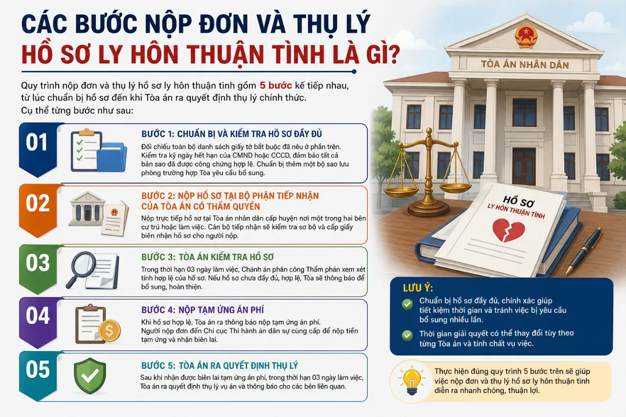 Các Bước Nộp Đơn Và Thụ Lý Hồ Sơ Ly Hôn Thuận Tình Là Gì?