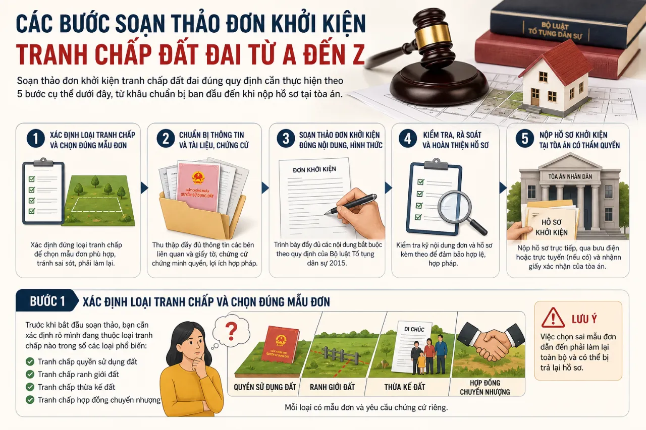 Các bước soạn thảo đơn khởi kiện tranh chấp đất đai từ A đến ZSoạn thảo đơn khởi kiện tranh chấp đất đai đúng quy định cần thực hiện theo 5 bước cụ thể dưới đây, từ khâu chuẩn bị ban đầu đến khi nộp hồ sơ tại tòa án.
