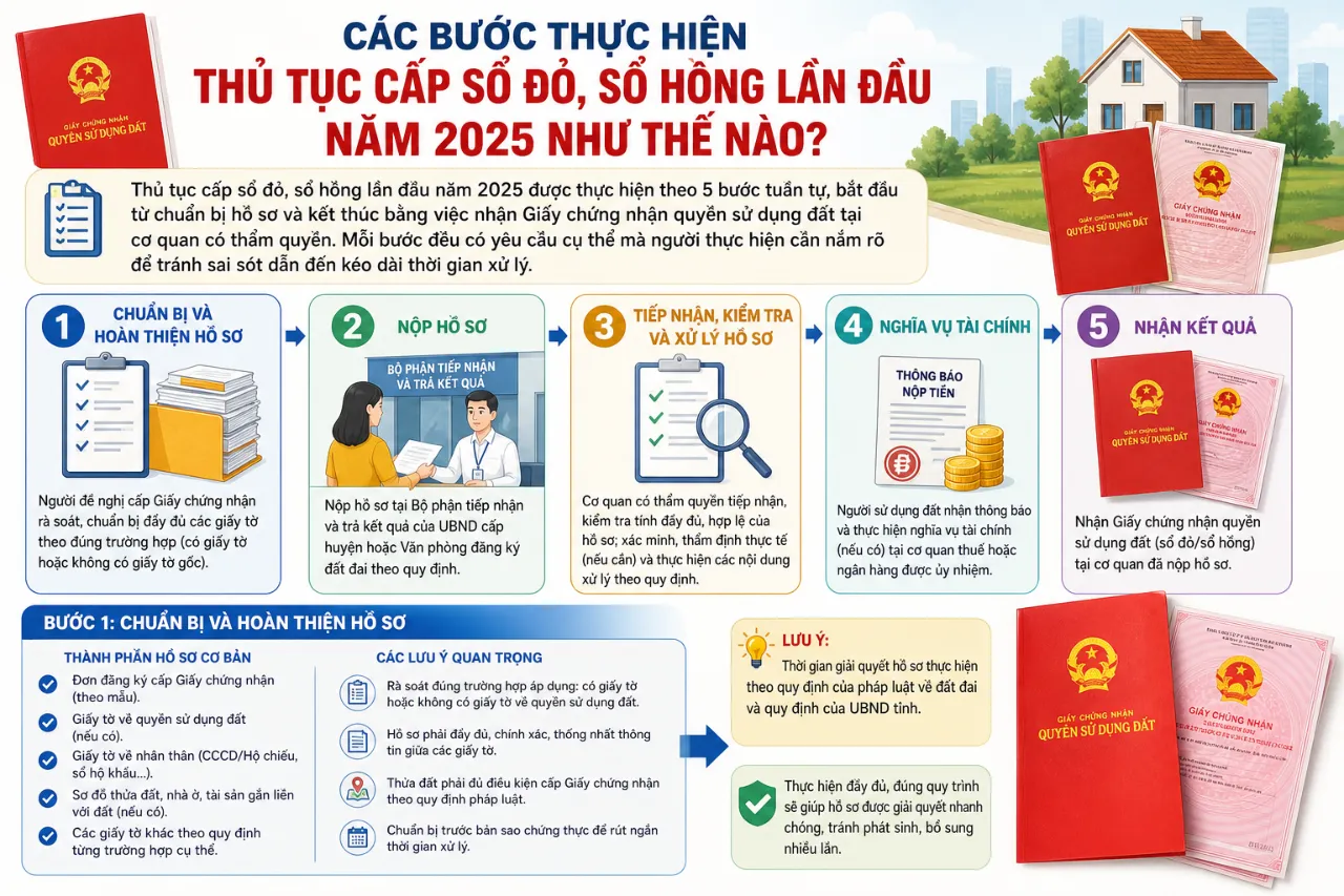 Các Bước Thực Hiện Thủ Tục Cấp Sổ Đỏ, Sổ Hồng Lần Đầu Năm 2025 Như Thế Nào?