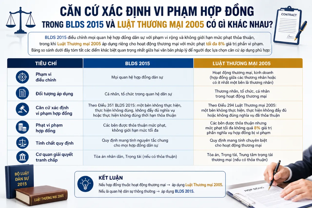 Căn cứ xác định vi phạm hợp đồng trong BLDS 2015 và Luật Thương mại 2005 có gì khác nhau?