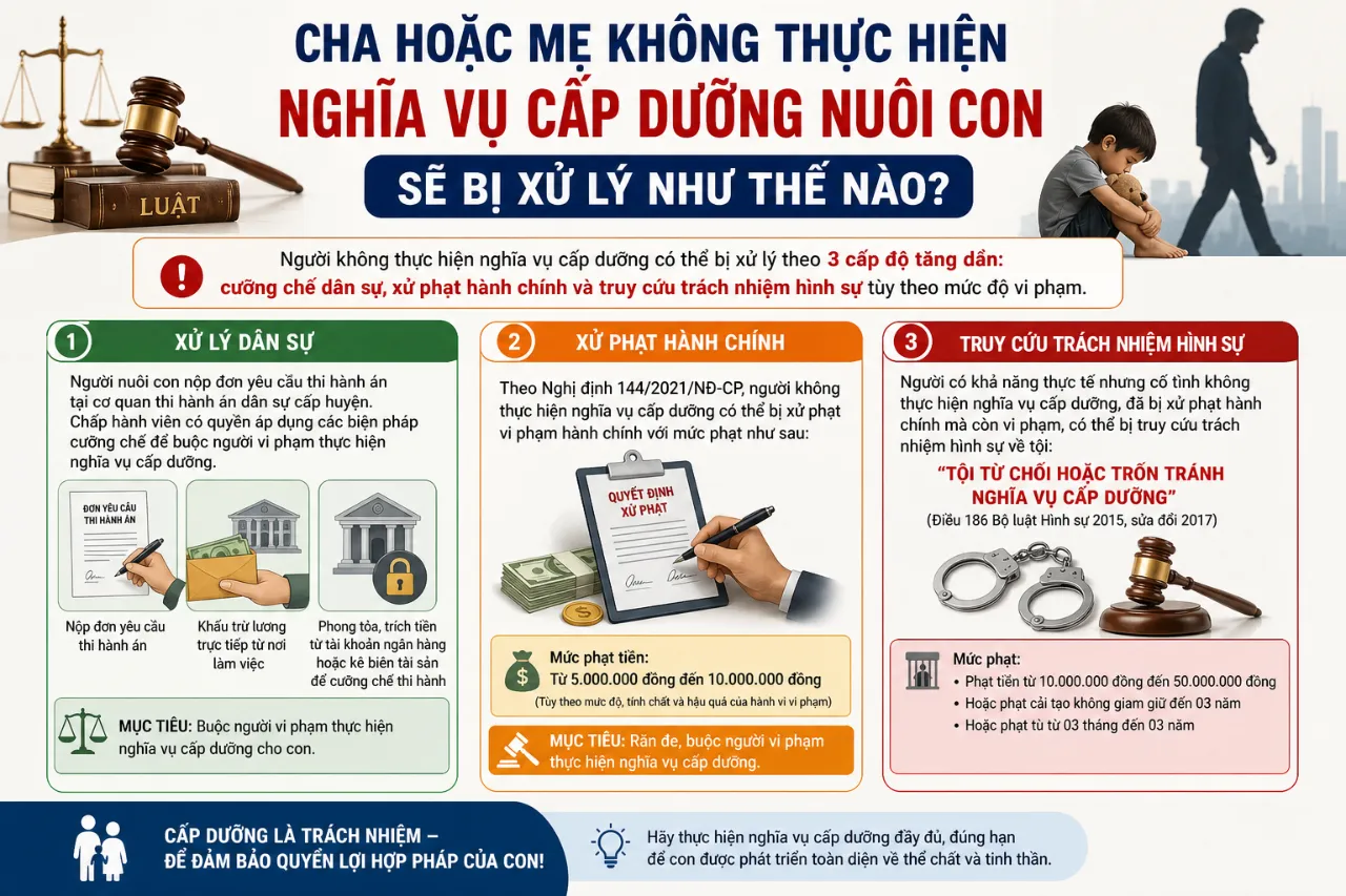 Cha hoặc mẹ không thực hiện nghĩa vụ cấp dưỡng nuôi con sẽ bị xử lý như thế nào?