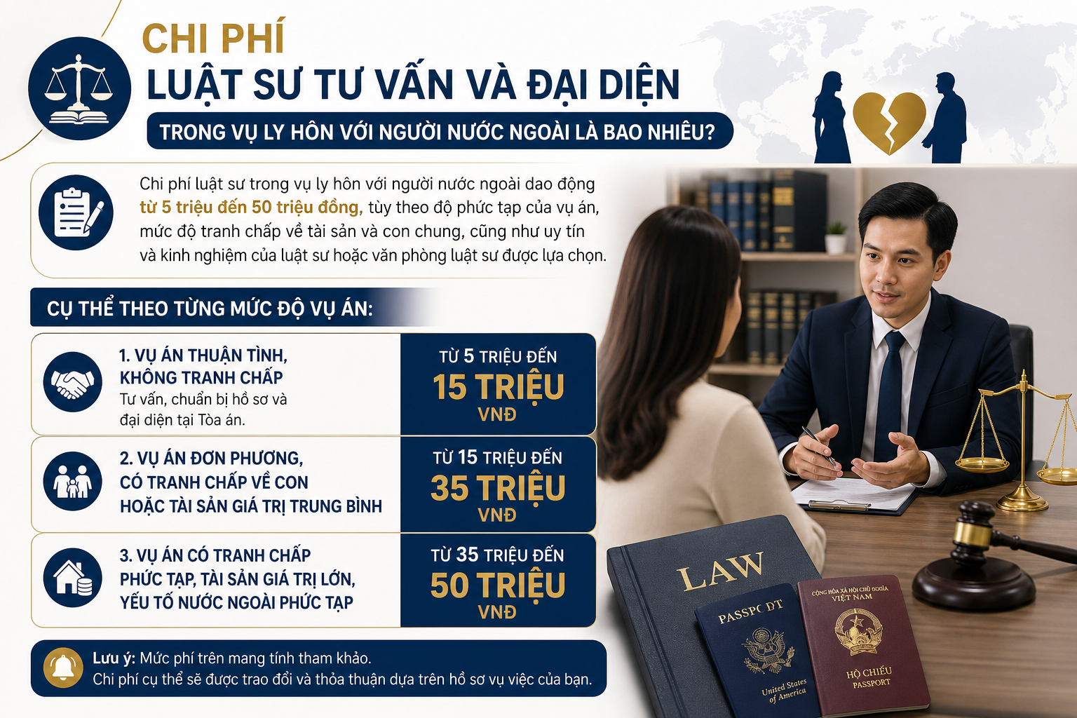 Chi phí luật sư tư vấn và đại diện trong vụ ly hôn với người nước ngoài là bao nhiêu?