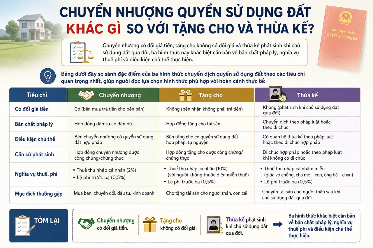 Chuyển Nhượng Quyền Sử Dụng Đất Khác Gì So Với Tặng Cho Và Thừa Kế?