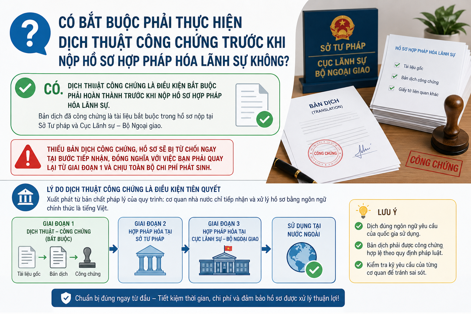 Có bắt buộc phải thực hiện dịch thuật công chứng trước khi nộp hồ sơ hợp pháp hóa lãnh sự không?