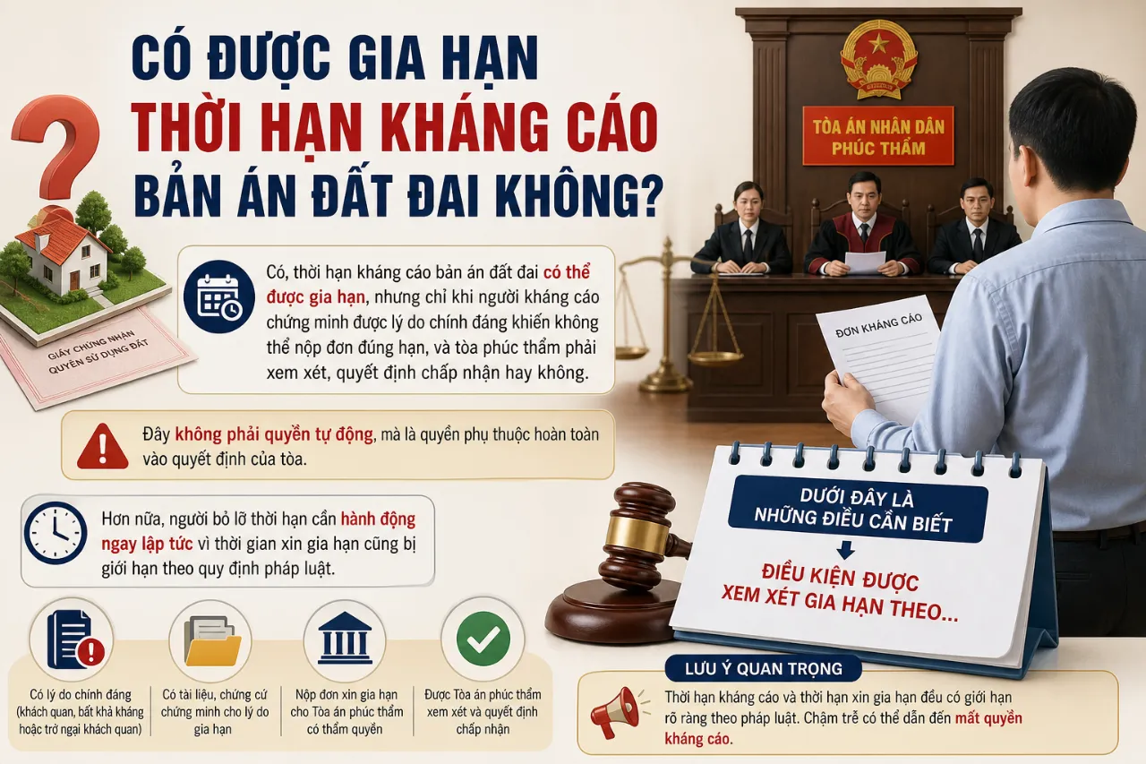 Có được gia hạn thời hạn kháng cáo bản án đất đai không?