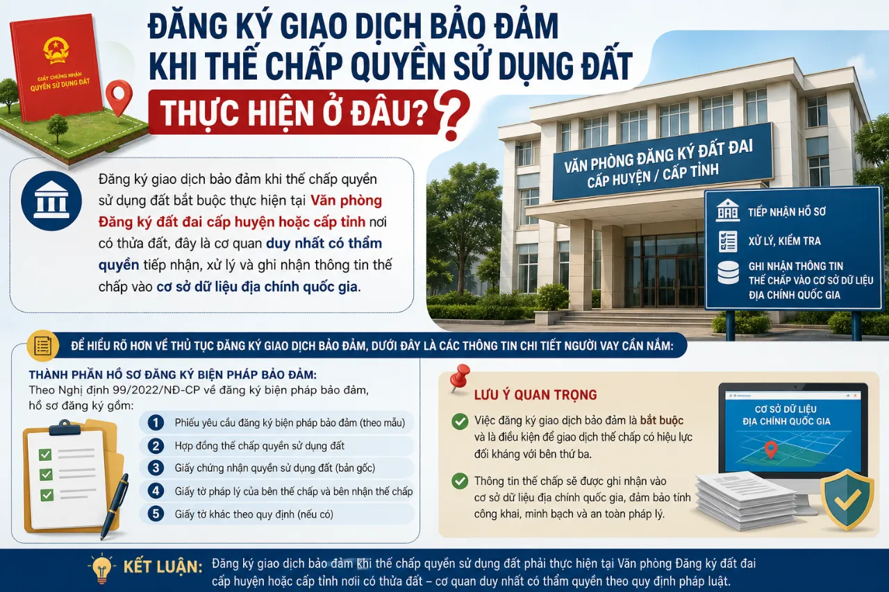 Đăng ký giao dịch bảo đảm khi thế chấp quyền sử dụng đất thực hiện ở đâu?