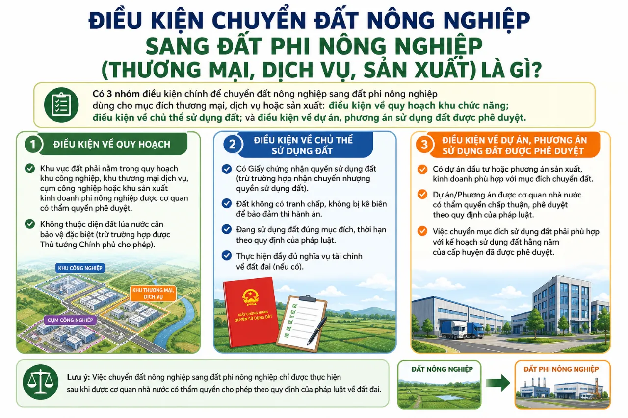 Điều kiện chuyển đất nông nghiệp sang đất phi nông nghiệp (thương mại, dịch vụ, sản xuất) là gì?