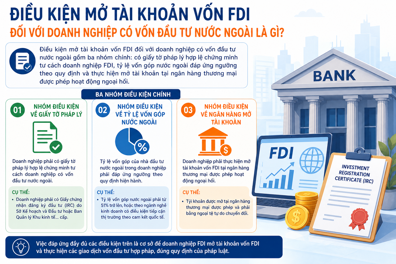 Điều kiện mở tài khoản vốn FDI đối với doanh nghiệp có vốn đầu tư nước ngoài là gì?
