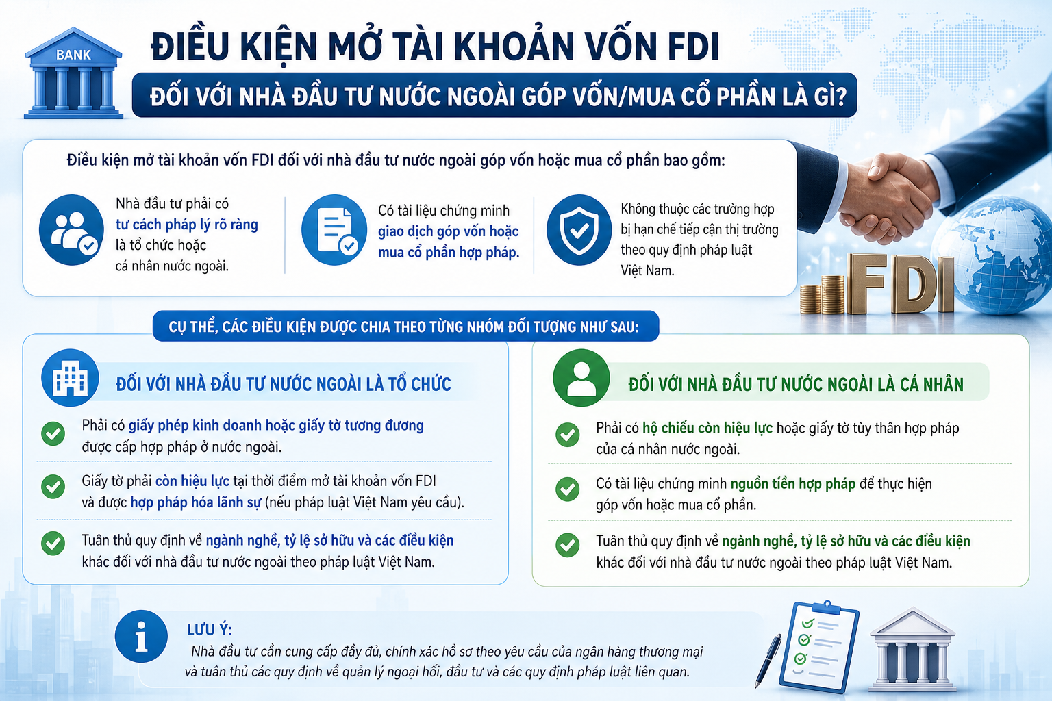 Điều kiện mở tài khoản vốn FDI đối với nhà đầu tư nước ngoài góp vốn/mua cổ phần là gì?