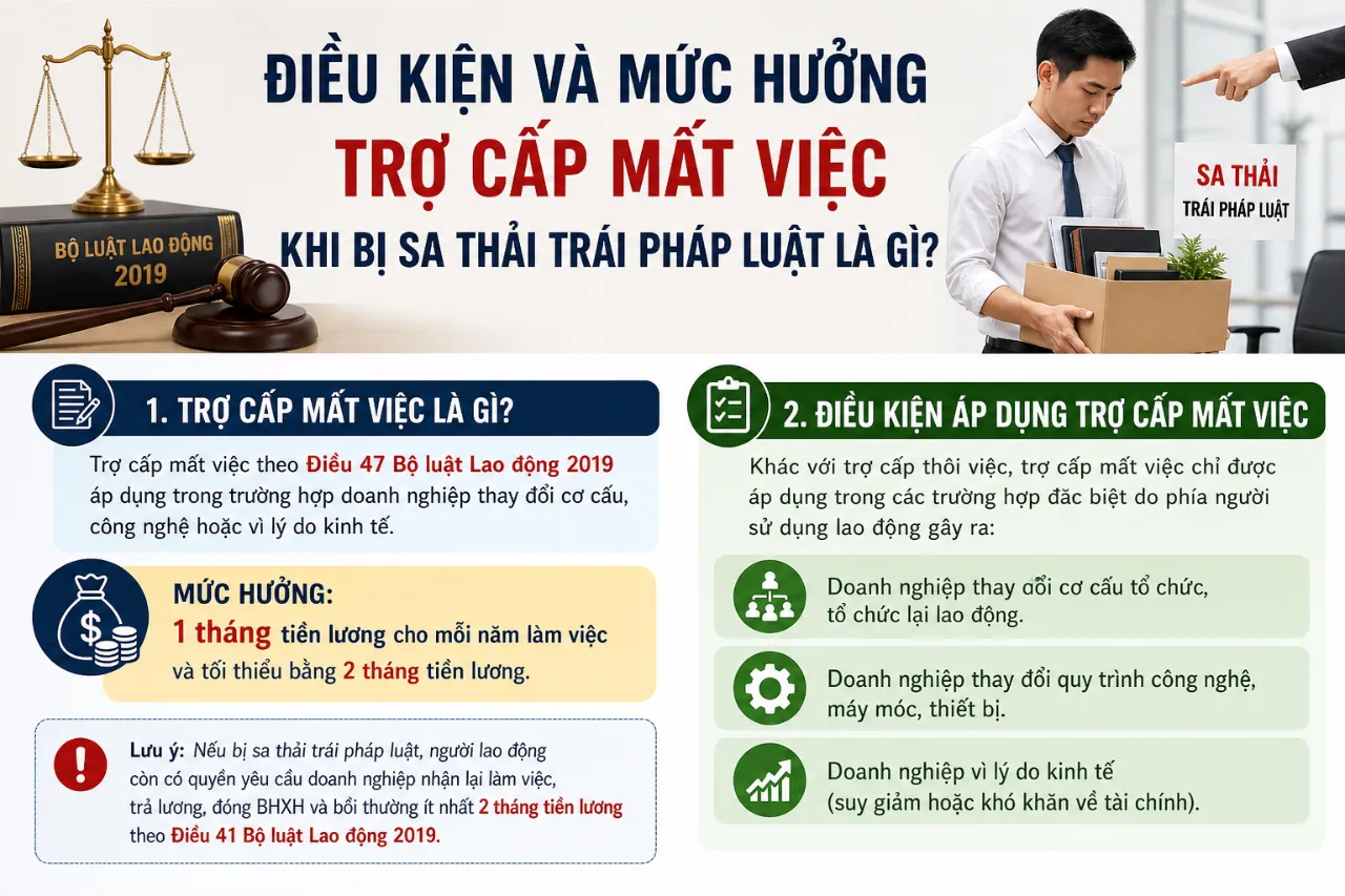 Điều kiện và mức hưởng trợ cấp mất việc khi bị sa thải trái pháp luật là gì?