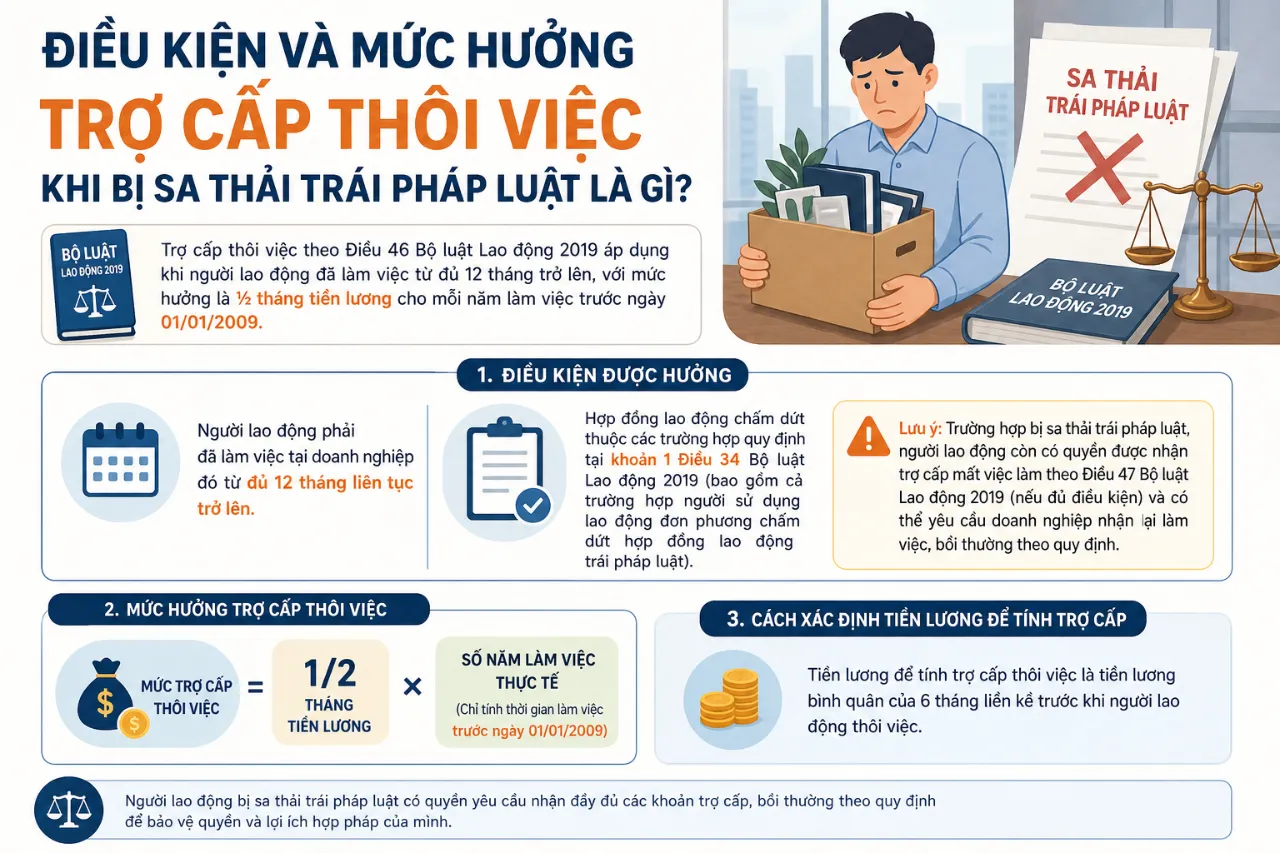 Điều kiện và mức hưởng trợ cấp thôi việc khi bị sa thải trái pháp luật là gì?