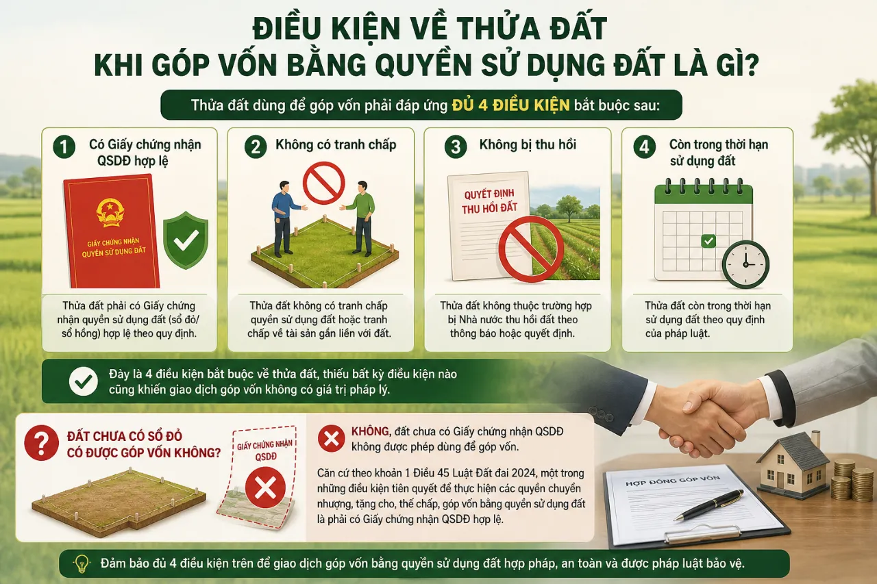 Điều kiện về thửa đất khi góp vốn bằng quyền sử dụng đất là gì?