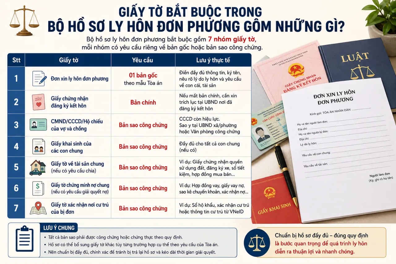 Giấy tờ bắt buộc trong bộ hồ sơ ly hôn đơn phương gồm những gì?