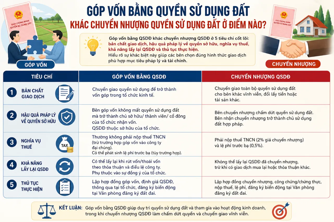 Góp vốn bằng quyền sử dụng đất khác chuyển nhượng quyền sử dụng đất ở điểm nào?