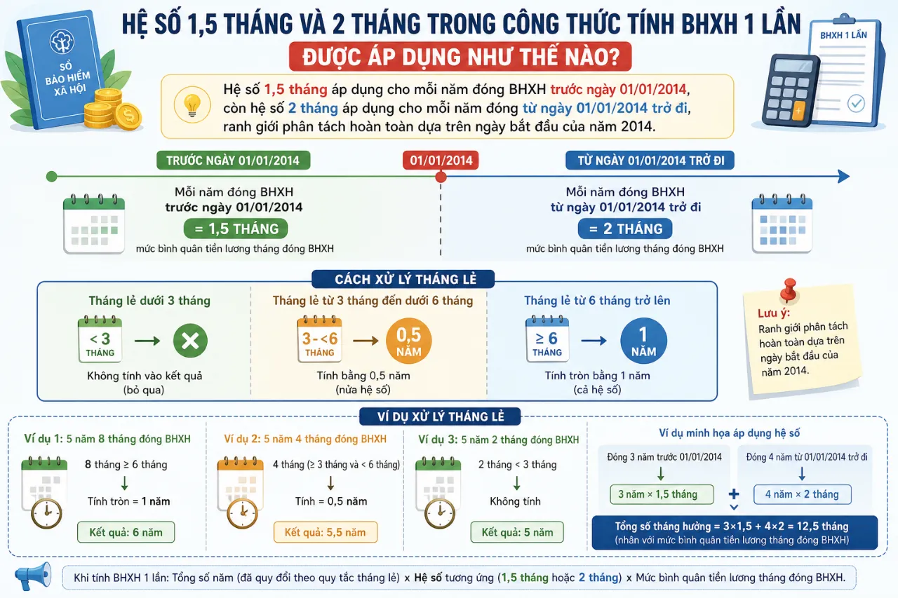 Hệ số 1,5 tháng và 2 tháng trong công thức tính BHXH 1 lần được áp dụng như thế nào?