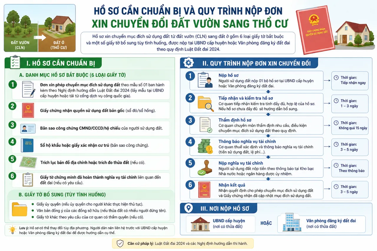 Hồ sơ cần chuẩn bị và quy trình nộp đơn xin chuyển đổi đất vườn sang thổ cư