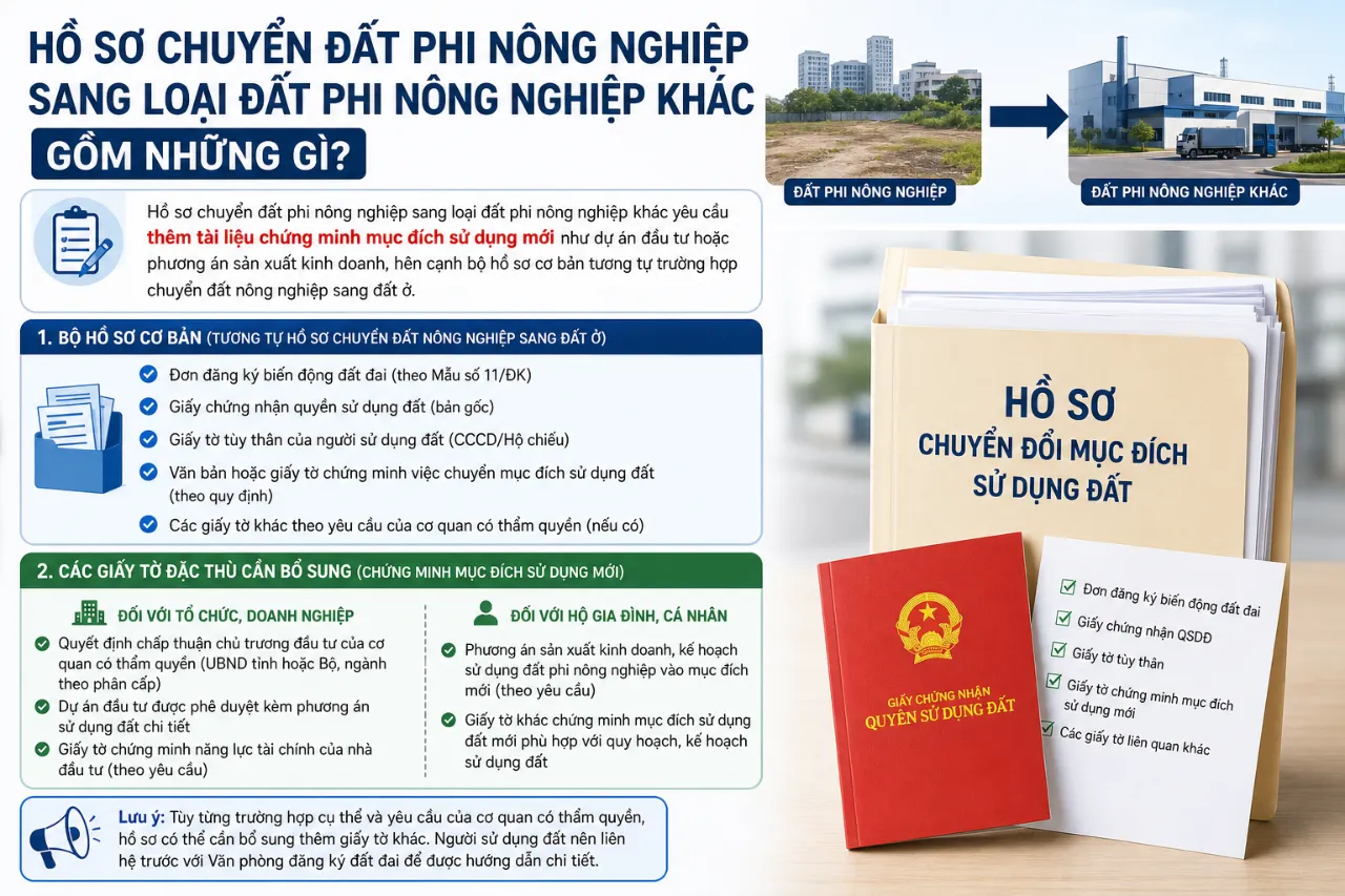 Hồ sơ chuyển đất phi nông nghiệp sang loại đất phi nông nghiệp khác gồm những gì?