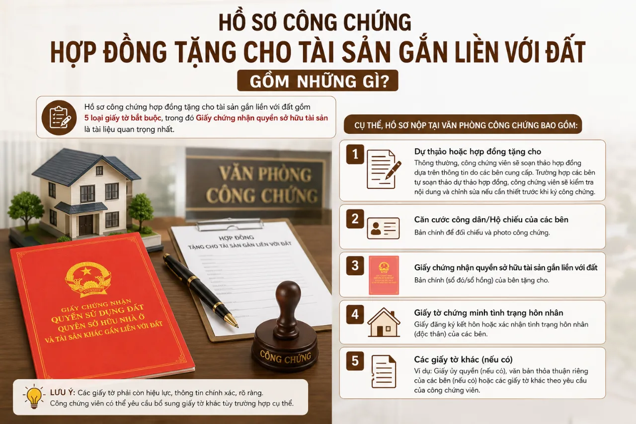 Hồ sơ công chứng hợp đồng tặng cho tài sản gắn liền với đất gồm những gì?