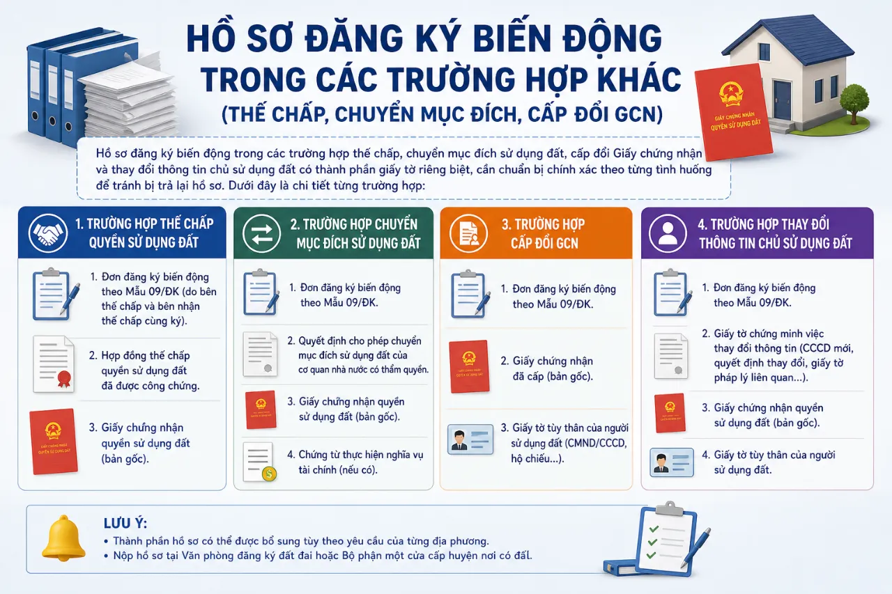 Hồ Sơ Đăng Ký Biến Động Trong Các Trường Hợp Khác (Thế Chấp, Chuyển Mục Đích, Cấp Đổi GCN)