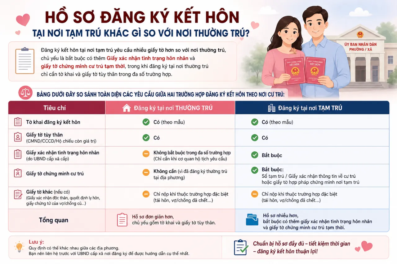 Hồ Sơ Đăng Ký Kết Hôn Tại Nơi Tạm Trú Khác Gì So Với Nơi Thường Trú?