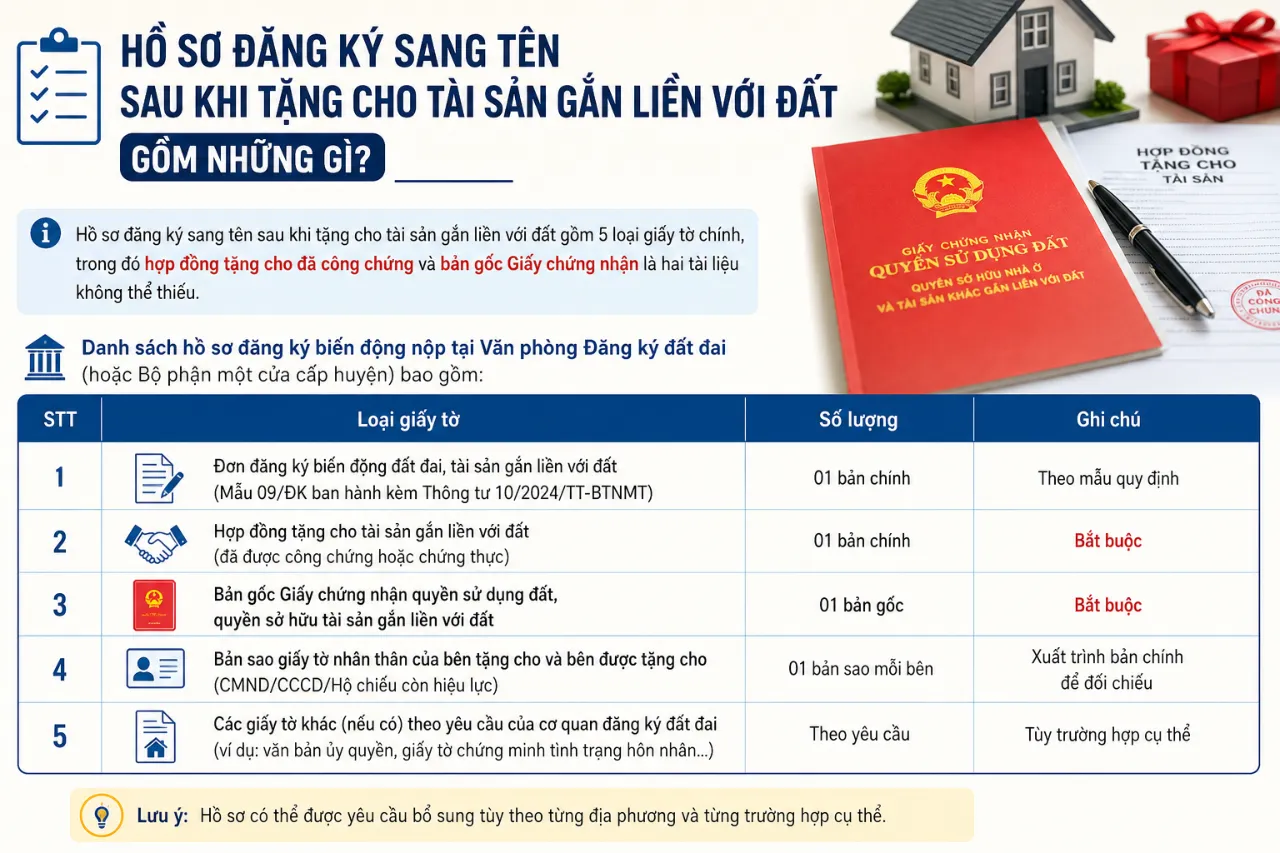 Hồ sơ đăng ký sang tên sau khi tặng cho tài sản gắn liền với đất gồm những gì?