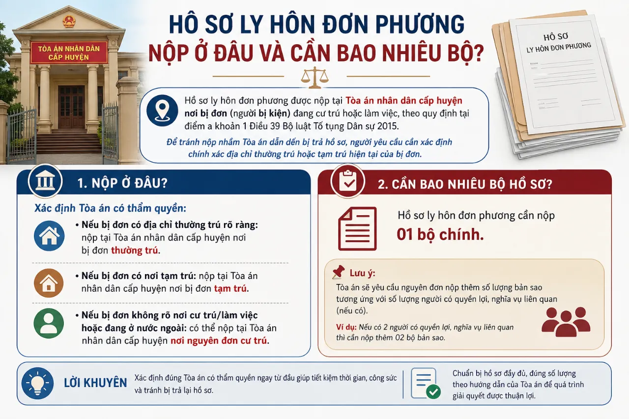 Hồ sơ ly hôn đơn phương nộp ở đâu và cần bao nhiêu bộ?