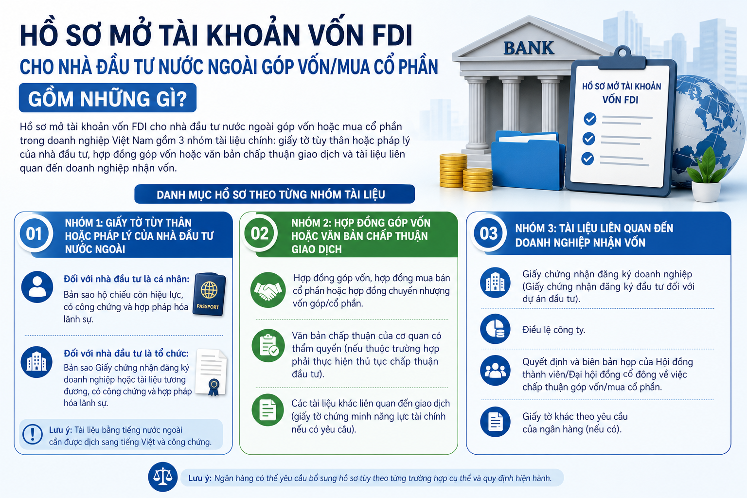 Hồ sơ mở tài khoản vốn FDI cho nhà đầu tư nước ngoài góp vốn/mua cổ phần gồm những gì?