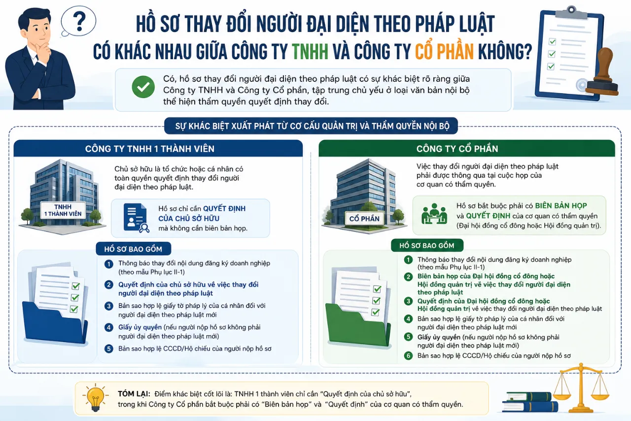 Hồ sơ thay đổi người đại diện theo pháp luật có khác nhau giữa Công ty TNHH và Công ty Cổ phần không?