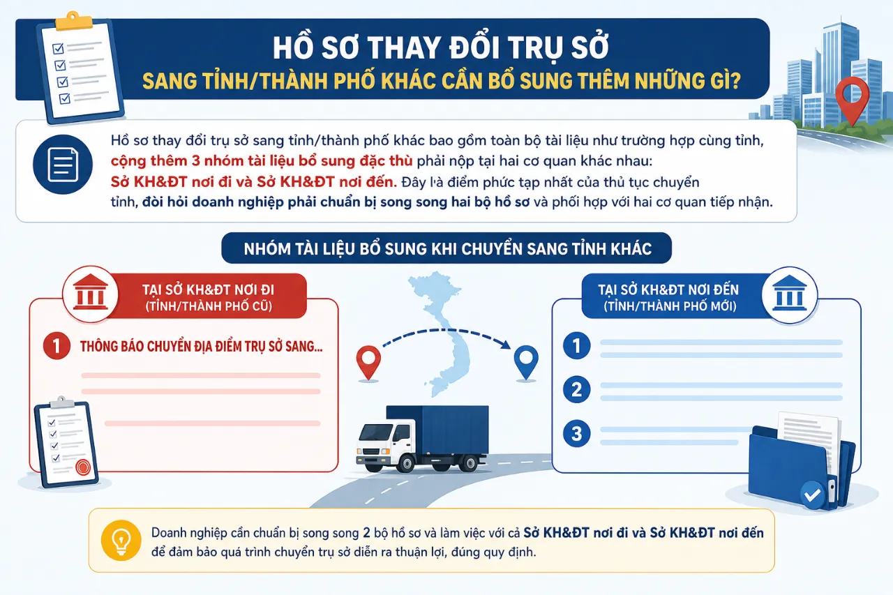 Hồ sơ thay đổi trụ sở sang tỉnh/thành phố khác cần bổ sung thêm những gì?