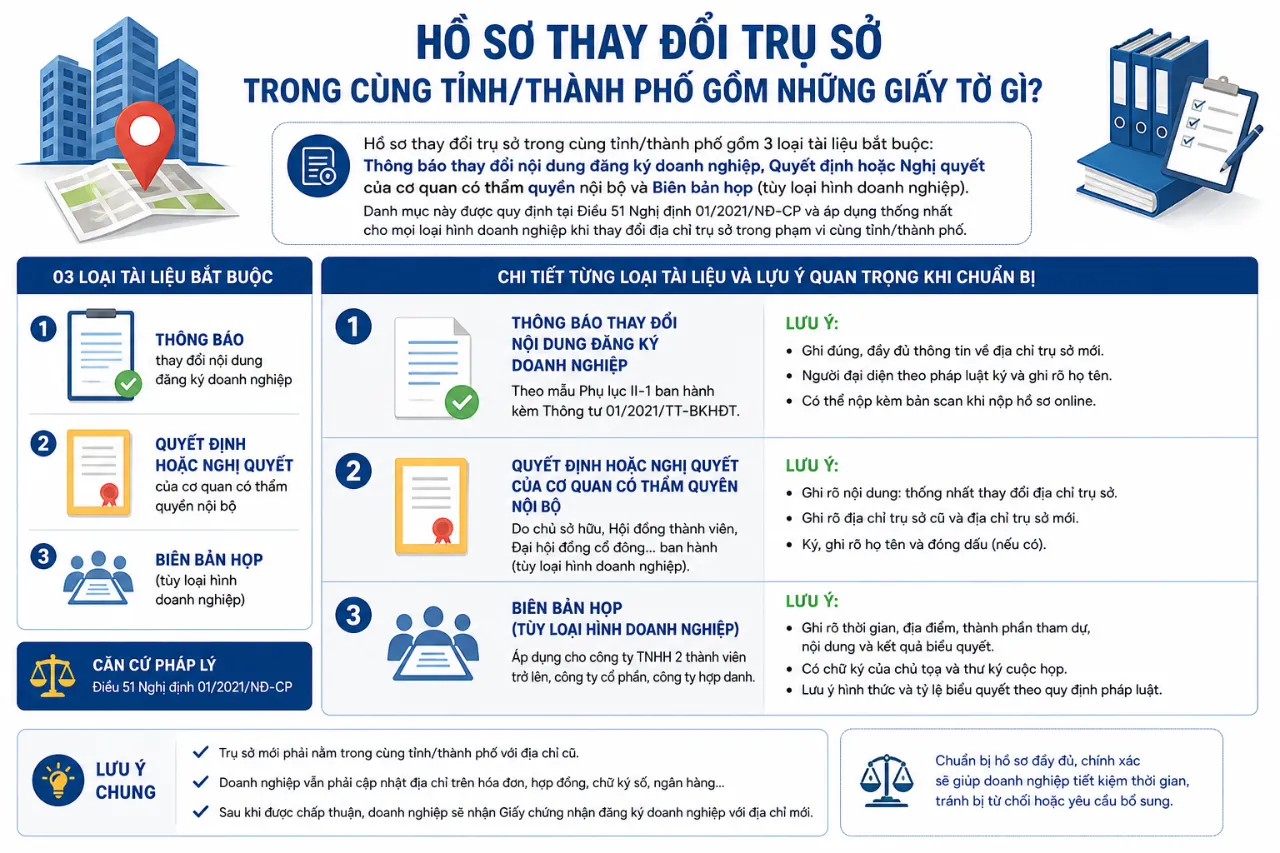 Hồ sơ thay đổi trụ sở trong cùng tỉnh/thành phố gồm những giấy tờ gì?