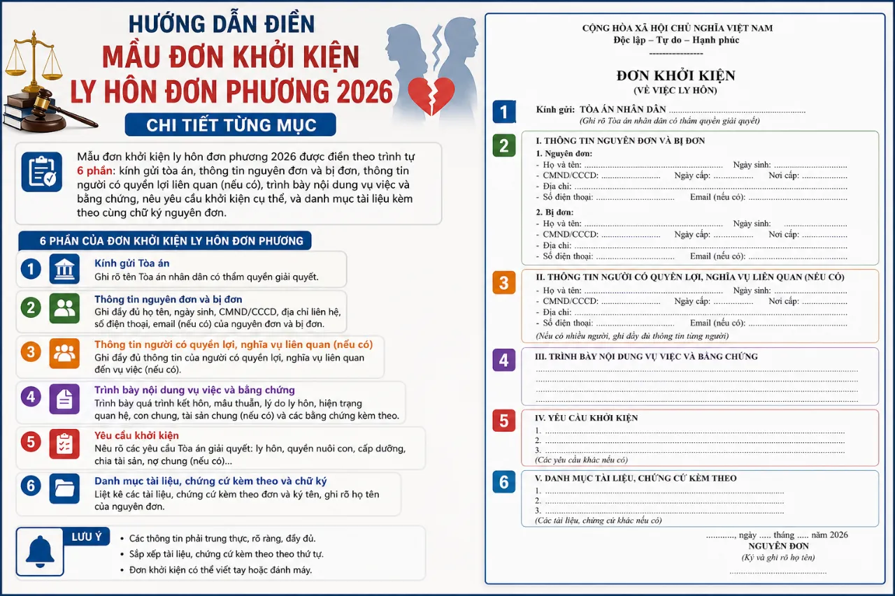 Hướng Dẫn Điền Mẫu Đơn Khởi Kiện Ly Hôn Đơn Phương 2026 Chi Tiết Từng Mục