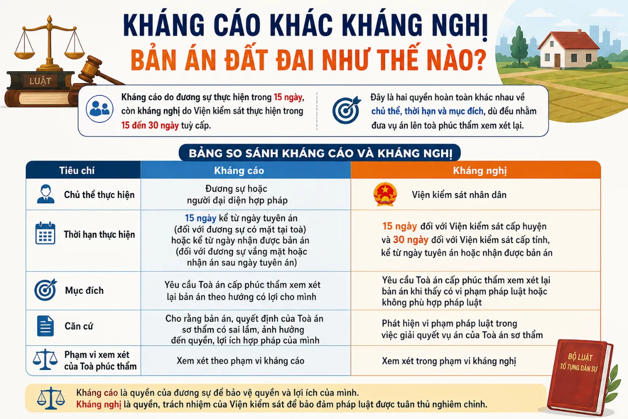 Kháng cáo khác kháng nghị bản án đất đai như thế nào?