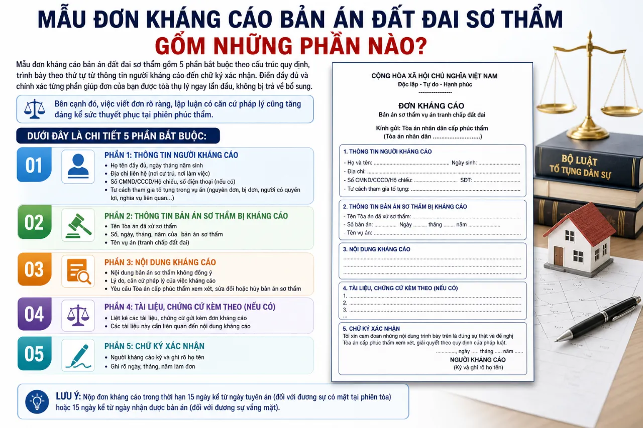 Mẫu đơn kháng cáo bản án đất đai sơ thẩm gồm những phần nào?