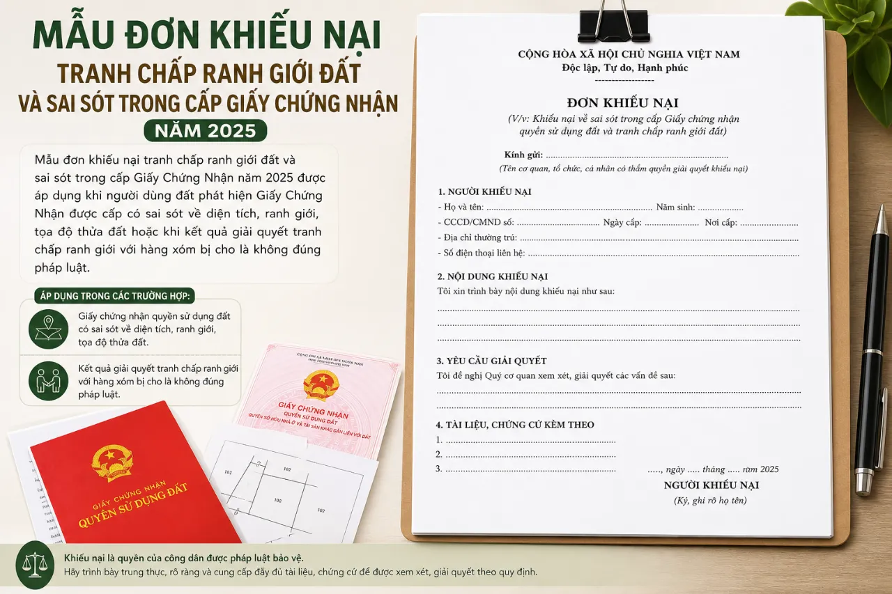 Mẫu Đơn Khiếu Nại Tranh Chấp Ranh Giới Đất Và Sai Sót Trong Cấp Giấy Chứng Nhận Năm 2025