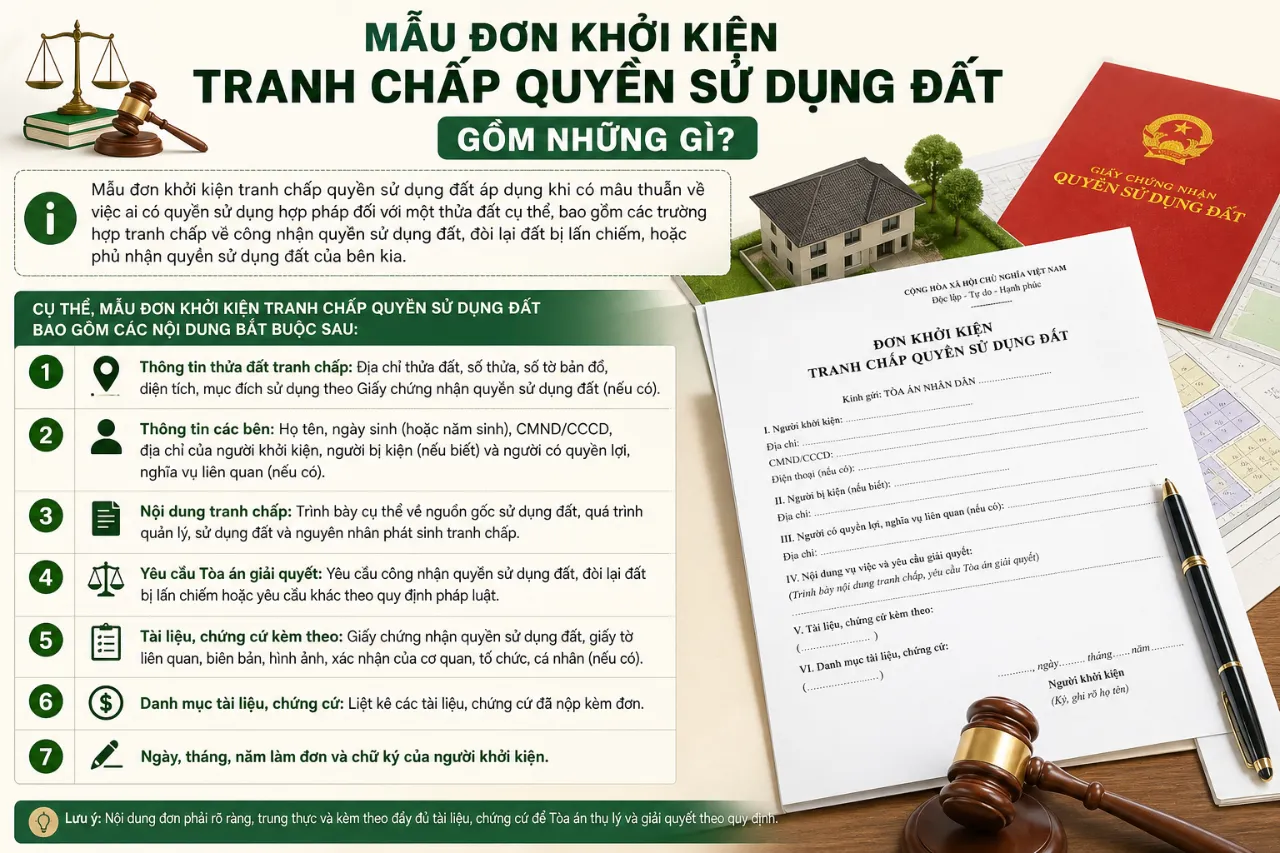 Mẫu đơn khởi kiện tranh chấp quyền sử dụng đất gồm những gì?