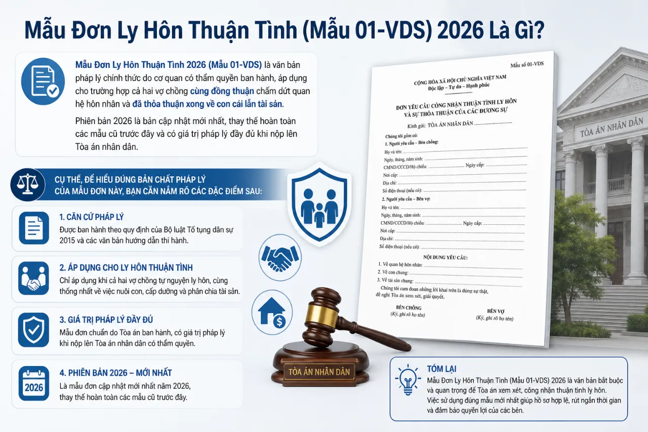 Tải Mẫu Đơn Ly Hôn Thuận Tình Mới Nhất 2026 (Mẫu 01-VDS): Cách Viết, Hồ Sơ & File Word/PDF