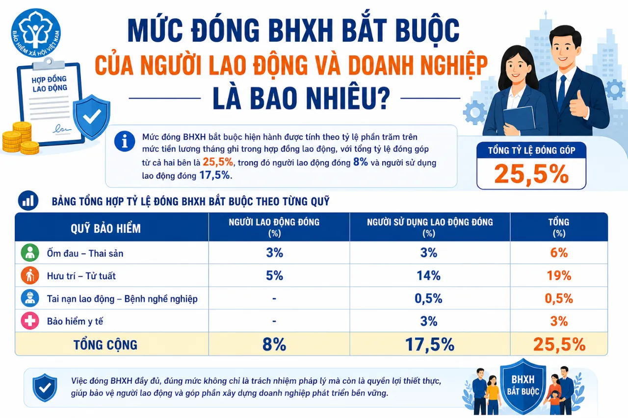 Mức Đóng BHXH Bắt Buộc Của Người Lao Động Và Doanh Nghiệp Là Bao Nhiêu?