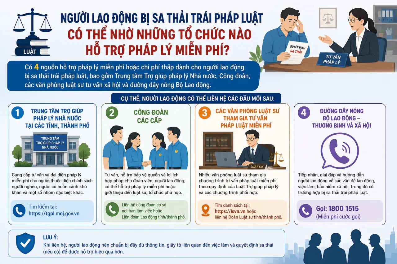Người lao động bị sa thải trái pháp luật có thể nhờ những tổ chức nào hỗ trợ pháp lý miễn phí?