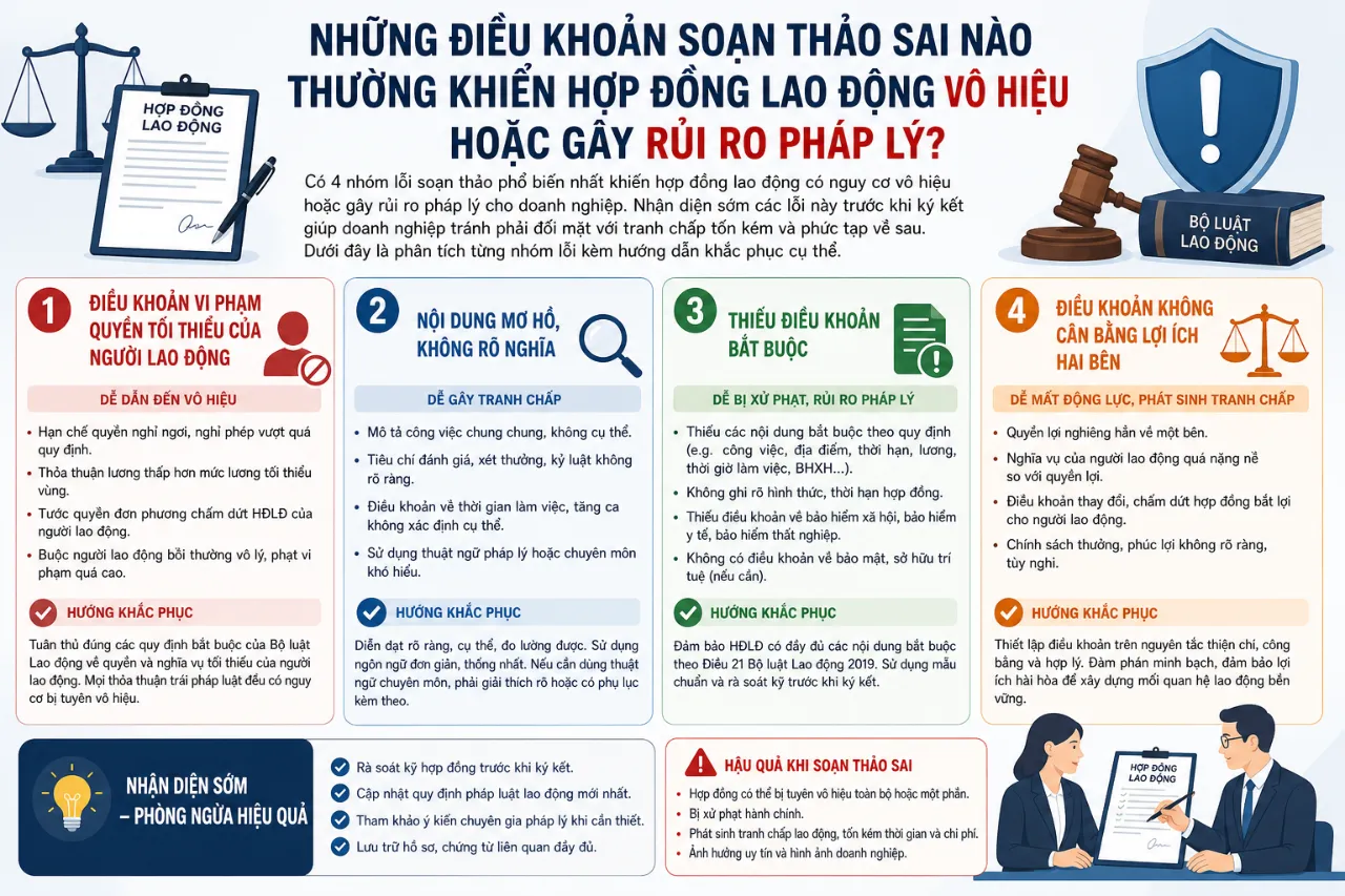 Những Điều Khoản Soạn Thảo Sai Nào Thường Khiến Hợp Đồng Lao Động Vô Hiệu Hoặc Gây Rủi Ro Pháp Lý?