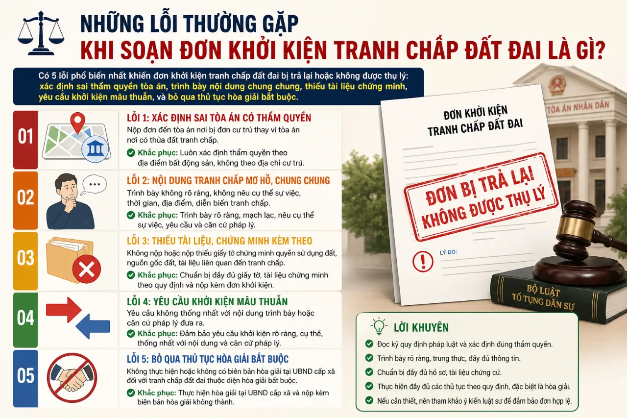 Những lỗi thường gặp khi soạn đơn khởi kiện tranh chấp đất đai là gì?
