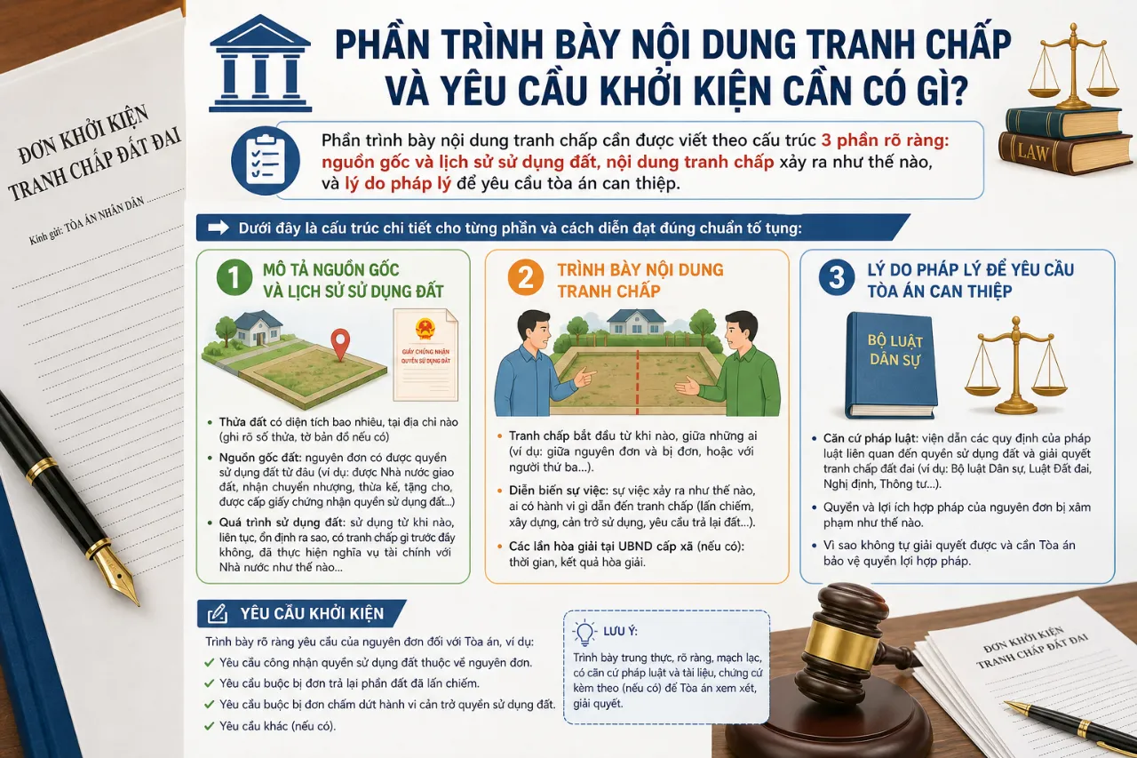Phần trình bày nội dung tranh chấp và yêu cầu khởi kiện cần có gì?
