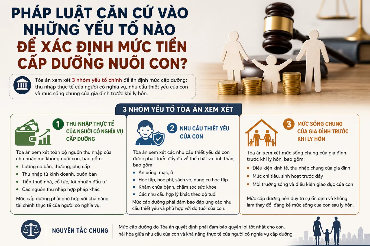 Pháp luật căn cứ vào những yếu tố nào để xác định mức tiền cấp dưỡng nuôi con?